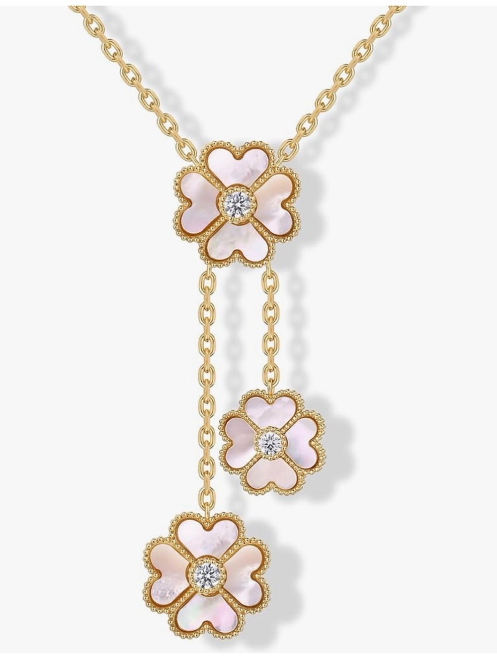 Gold Plated Mother-of-PearlClover  Flower Drop Necklace w CZ Accents